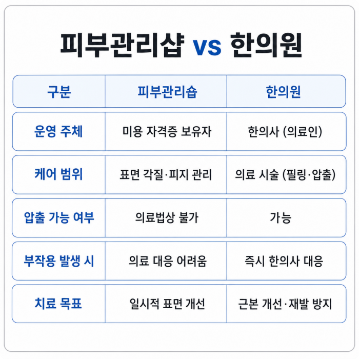 피부관리샵과 전주 등여드름 피부과 한의원의 의료법적 차이점 비교표